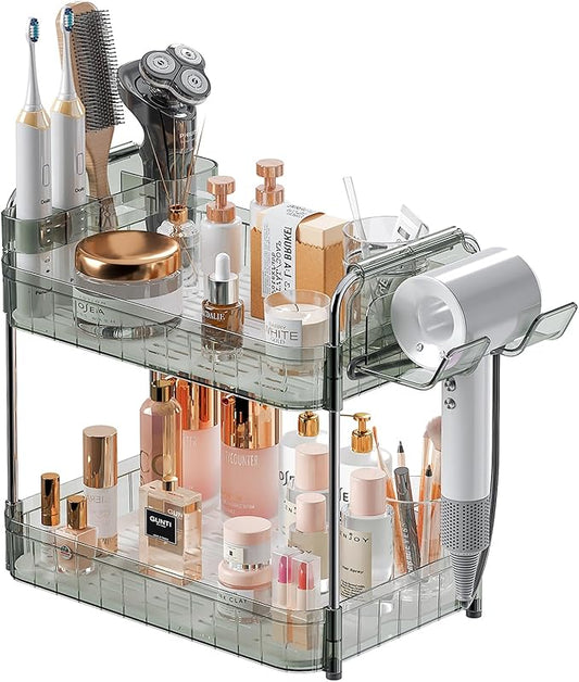 Bathroom Counter Organizer, 2 Tier Makeup Skincare Storage Tray with Hair Dryer Holder and Toothbrush Rack, Perfume Organizer Vanity Shelf for Countertop, Dresser (Transparency Green)