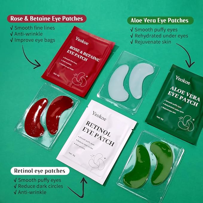 Yeokoe Under Eye Patches For Puffy Eyes and Dark Circles Wrinkle,30 Pairs Face Masks SkinCare With Retinol Serum,Aloe Vera,Rose Betaine