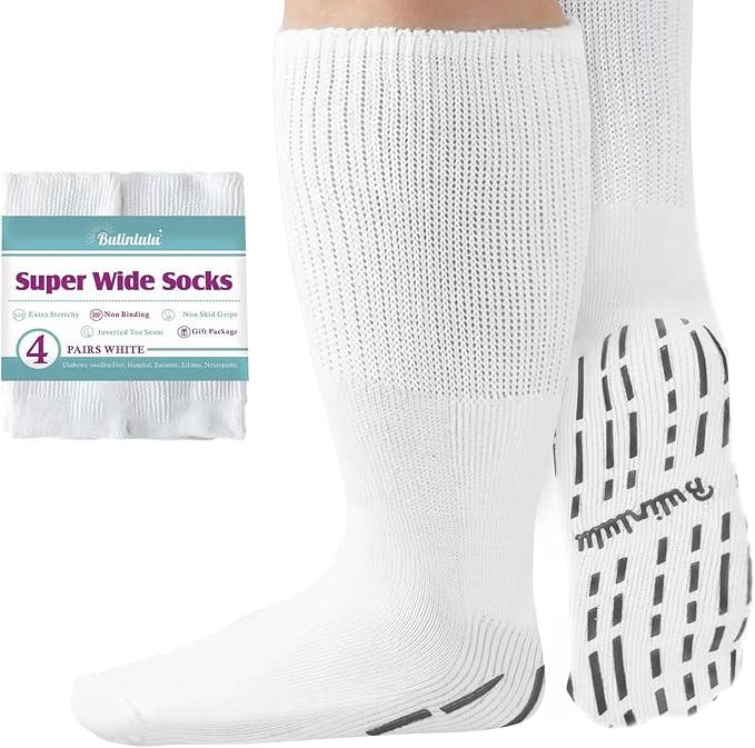 Bulinlulu Extra Width Socks for Swollen Feet-4 Pairs Hospital Grip Socks,Bariatric Socks,Diabetic Socks for Women Men 13-15