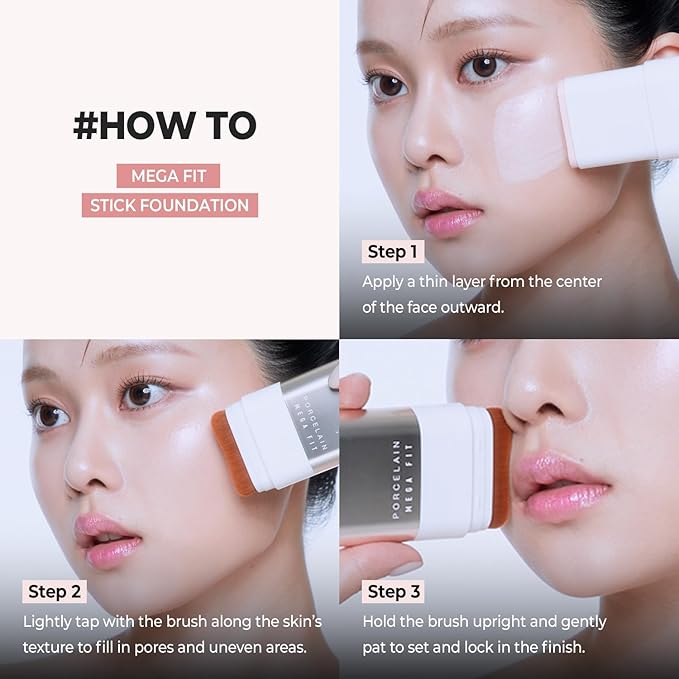 CHOSUNGAH BEAUTY Mega Fit Stick Foundation with Built-in Brush-Full Coverage Creamy Formula for Porcelain Skin Finish, Hydrating&Long Lasting, Master Porcelain, Shade 23, 0.56 oz (02W Honey Beige)