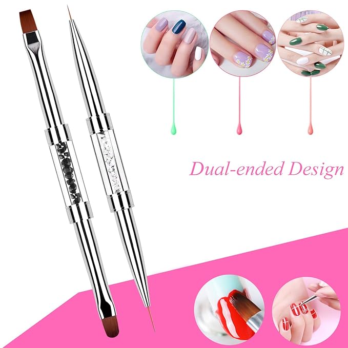 2Pcs Dual-ended Nail Design Brushes Rhinestone Handle UV Gel Nail Brush Set Professional Nail Art Tools