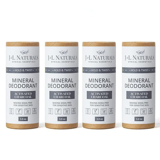 J&L Naturals Mineral Deodorant | Baking Soda-Free, 100% Natural, Sustainable Skin Care | Sensitive Deodorant For Women & Men | Aluminum Free, Vegan, Cruelty-Free (Activated Charcoal, 3 Oz (Pack of 4))