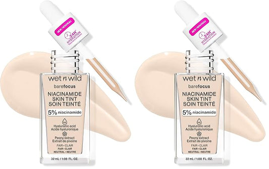 wet n wild Bare Focus Skin Tint, 5% Niacinamide Enriched, Buildable Sheer Lightweight Coverage, Natural Radiant Finish, Hyaluronic & Vitamin Hydration Boost, Cruelty-Free & Vegan - Fair (Pack of 2)