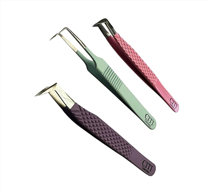 Lash Tweezers For Eyelash Extension Pack of 3 Volume,90 Degree,Boot Volume with Precision Fiber Tip in pastel shade with Diamond Grip (Pack of 3 - Pastel Colors)