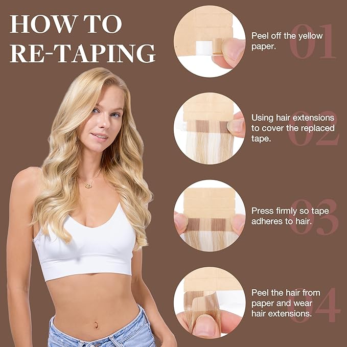 GOO GOO Tape in Hair Extensions Human Hair, 18A/613A Dark Blonde Highlighted Bleach Blonde, 14inch 50g 20pcs, Skin Weft Seamless Invisible, Silky Straight with Thick Ends, Remy Human Hair