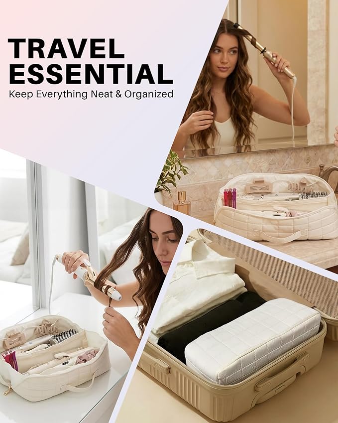 Hot Tools Travel Case with Heat Resistant Mat Pouch, Large Hair Tool Organizer Bag for Curling Iron Flat Iron Hair Dryer Hot Air Brush, Water Resistant Makeup Bag Gift for Women, Beige