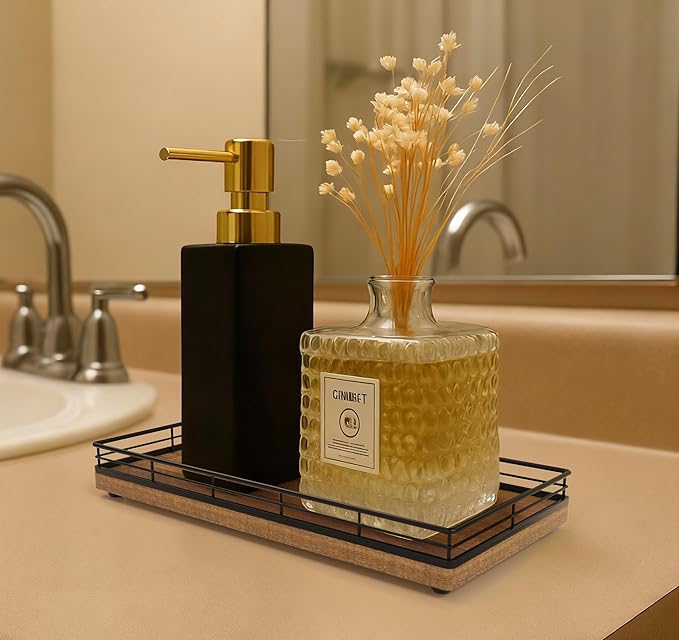 Bathroom Vanity Tray – 12" x 6" Acacia Decorative Wooden Tray for Toilet Tank Organizer Wood Tray for Bathroom Countertop, Soap, Perfume Accessories Storage, Vanity Dresser Decor Black & Acacia