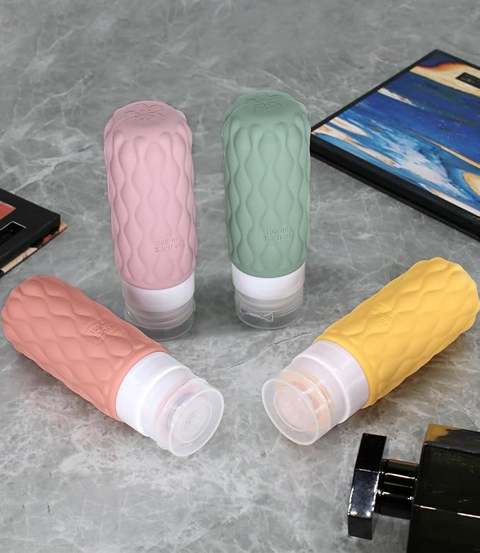 100 ml Silicone Travel Bottles for Toiletries with Labels/Clear Bag, Holiday Travel Essentials Leakproof Refillable Squeeze Travel Size Containers Set for Shampoo and Conditioner