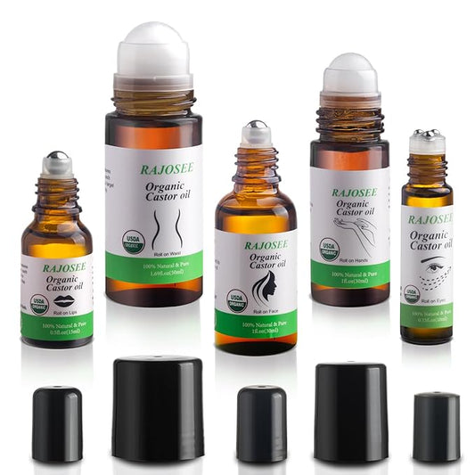 5 Pcs Castor Oil Roll on Set, Certified Organic Castor Oil Rolling for Skin Waist Back Leg Lip Eyebrow Hair, Cold Pressed Essential Oil in Glass Bottle