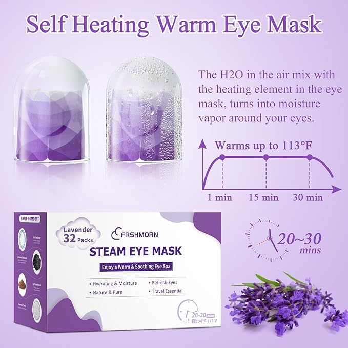 32 Packs Steam Eye Mask, Heated Eye Mask for Sleeping, Warm Compress for Eyes, Self Heating Disposal Steam Mask Comfortable Sleep Mask for Home, Office, Spa, Travel Essentials (Lavender)