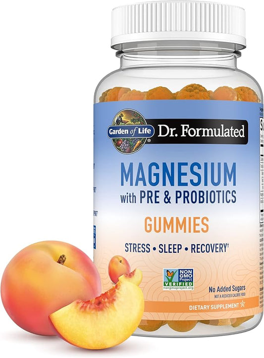 Garden of Life Magnesium Citrate Supplement Gummies with Prebiotics & Probiotics for Stress, Sleep & Recovery - Vegan, Gluten Free, Kosher, Non-GMO, No Added Sugars, Peach Flavor, 60 Count