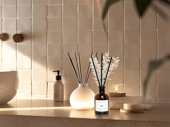 WEALD TRIBE Reed Diffuser Set for Bathroom Air Fresheners, Oil Diffuser Sticks | White Tea Scent 4.0 fl oz Home Fragrance with Sticks Defusers | House Bedroom Office Shelf Decor