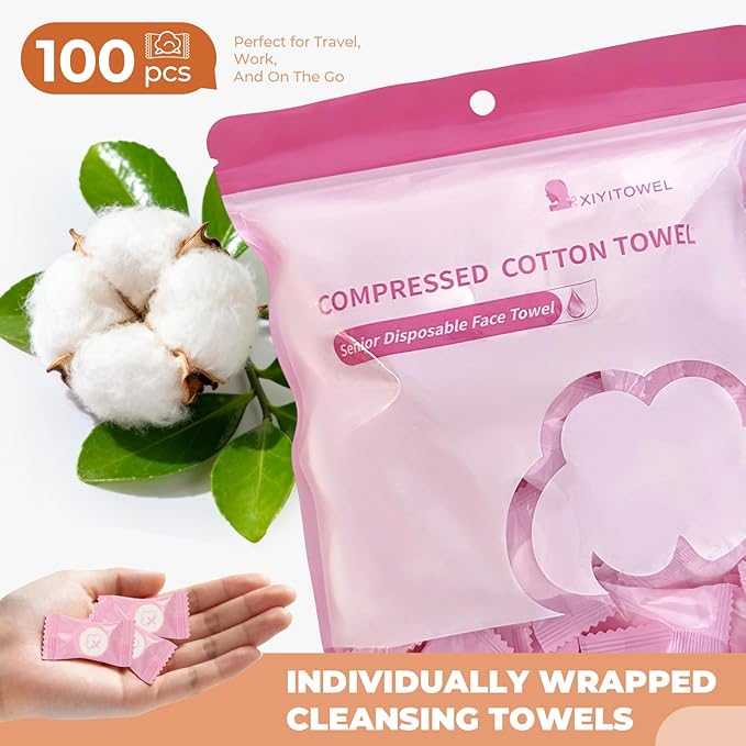 Classycoo Compressed Towel 100 PCS Mini Tablets Disposable Portable Face Towel Cotton Coin Tissue Eco-Friendly for Travel, Camping, Hiking, Sport, Beauty, Home Hand Wipes, Outdoor Activities Pink
