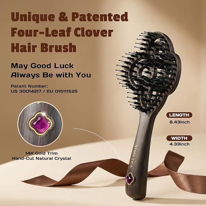 SIMETRA Lucky Hair Brush for Women & Men, 14K Gold Plated Wet Brush Detangling Brush for All Hair Types, Natural Crystal Inlay Boar Bristle Hair brush, Curly Detangler HairBrush for Scalp Massage Gift