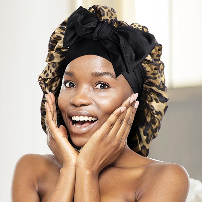 Arqumi 2 Pcs Cheetah-Print Satin Silk Bonnet for Sleeping Women with Long Strap Tie Band, Large Adjustable Cute Sleep Night Cap Hair Bonnet for Men Short Hair, Black+Leopard