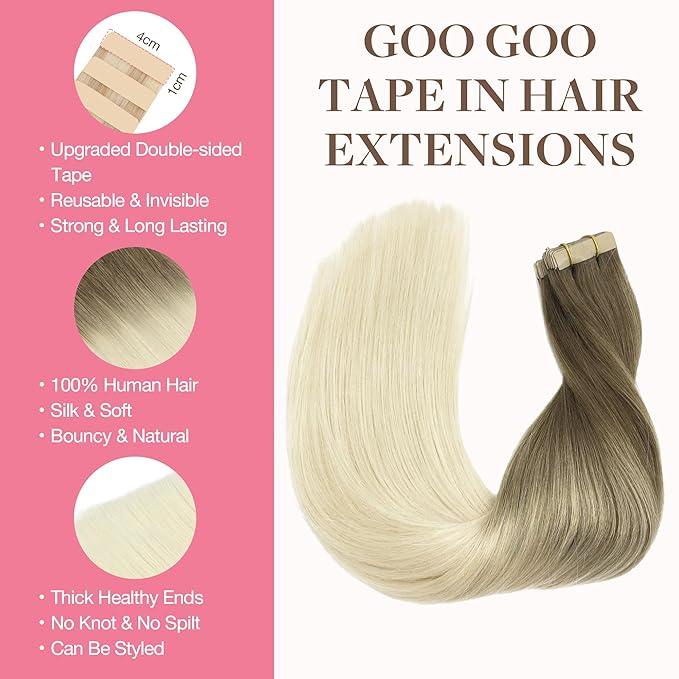 GOO GOO Tape in Hair Extensions Human Hair, 9/60 Balayage Ash Brown to Platinum Blonde, 12inch 80g 40pcs, Skin Weft Seamless Invisible, Silky Straight with Thick Ends, Remy Human Hair
