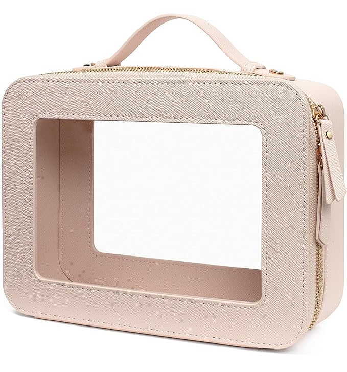 LETGO Clear Makeup Bag Organizer, Travel Toiletry Bag Cosmetic Case for Women, Portable Make Up Skincare Pouch Car Organizer Bag with Zippers for Essentials(Large-Beige)