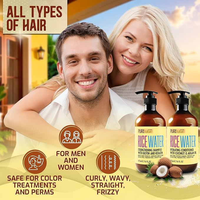 Rice Water Shampoo and Conditioner Set - Sulfate Free Formula for Fine Hair Women and Men - Volumizing and Thickening Formula for Thinning Strands - 16 Fl Oz (Set of 2)