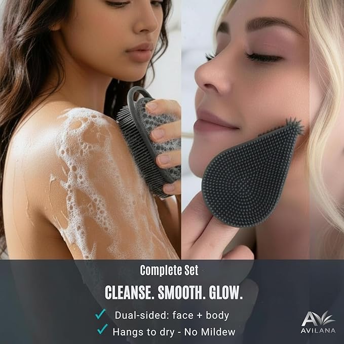 Avilana Premium Body Scrubber and Face Brush Set - 8 Years Trusted Since 2017 - SGS Certified Silicone 2-in-1 Shower Kit, Dual Sided Gentle Exfoliating Loofah Alternative Sensitive Skin Women Men Gift