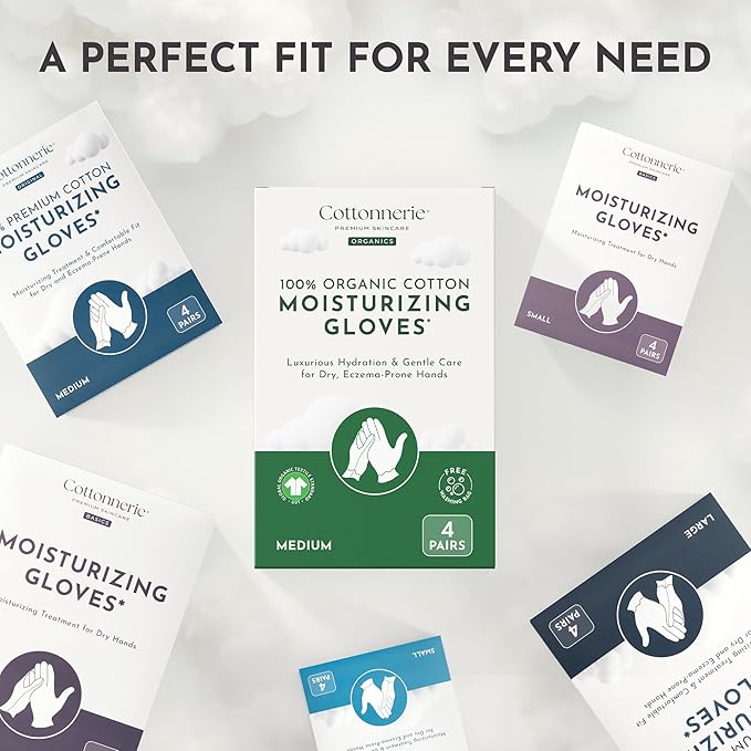 4 Pairs Cottonnerie Basics Cotton Gloves for Dry Hands Sleeping, Moisturizing Gloves Overnight, Hand Moisturizer Gloves, Moisture Gloves for Dry Hands Overnight, Sleeping Gloves, Large