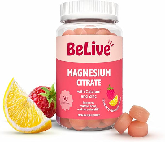 BeLive Magnesium Citrate Gummies with Calcium and Zinc for Adults and Kids - High Absorption Magnesium Supplement for Cognitive, Bone, Muscle and Nerve Health - Raspberry Lemonade - 60 Count