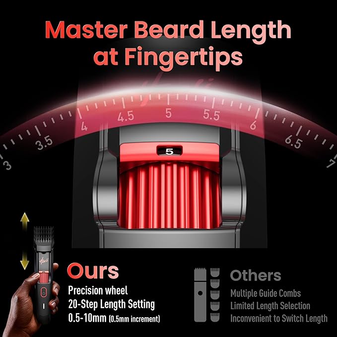 Men's Beard Trimmer with Precision Dial, 20 Adjustable Length Settings for Beard Mustache & Facial Grooming, Cordless Rechargeable, Professional Hair Clipper IPX7 Waterproof Wet/Dry Use, Red