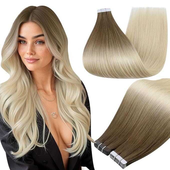 Full Shine Tape in Hair Extensions Real Human Hair Color 3/8/613 Balayage Tape ins Human Hair Extensions Remy Straight Hair Double Sided Adhesive Invisible Extension 22Inch 20Pcs 50G Soft Silky