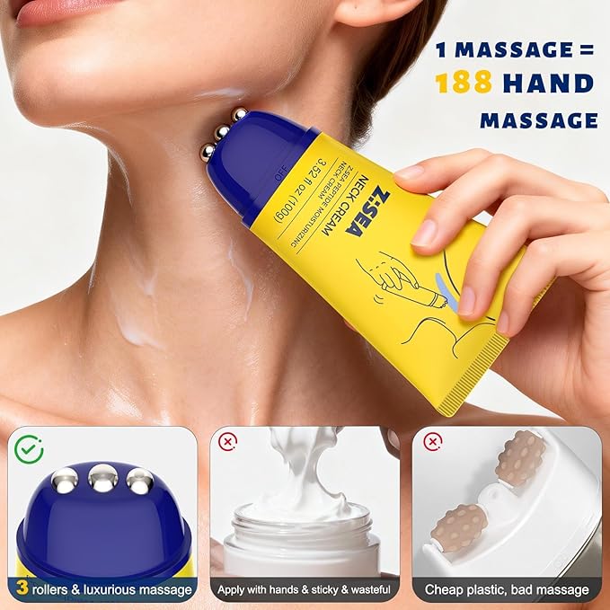 Z:SEA Neck Firming Cream with Roller, Anti-Aging Neck & Chest Cream with Multi Peptide + Collagen + Hyaluronic Acid + Ceramide, Pro-Xylane, Panthenol, Smooths Wrinkles & Fine Lines