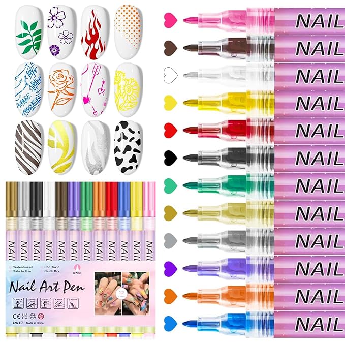 Nail Art Pens for Painting Nails, 12 Colors Nail Art Markers Gel Polish Pens Dotting Liner Brush for DIY Nail Design, Home & Salon Manicure Tools