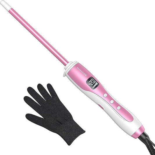 Wavytalk 3/8 Inch Small Curling Wand, Wand Curling Iron for Short & Long Hair, Ceramic Barrel with Adjustable Temperature, Heat Resistant Glove Included (Rose Pink)