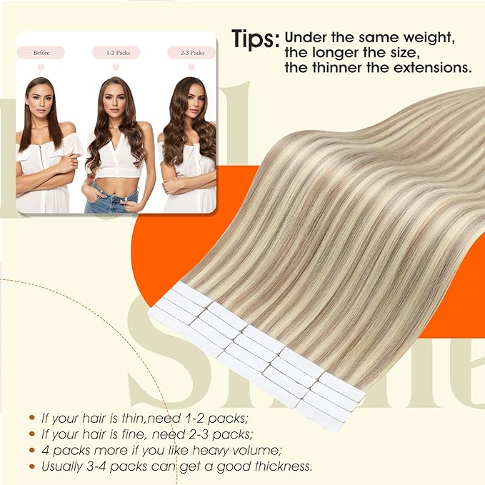 Full Shine Remy Injected Tape Hair Extensions Real Human Hair Color 18/613 Natural Blonde Shades Injection Tape in Extensions 18Inch Long Invisible Adhesive Extension 50Gram 20Pcs Reusable