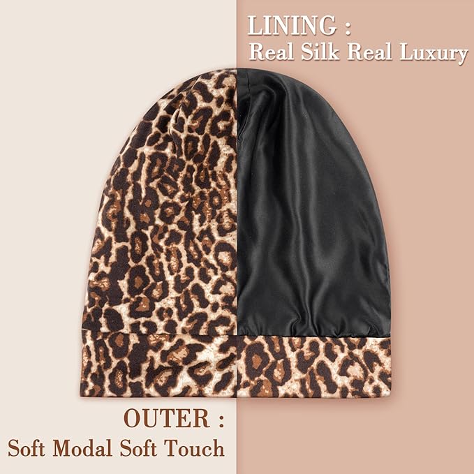 LULUSILK Mulberry Silk Bonnet for Sleeping Women, Real Silk Sleep Cap for Curly Hair and Braids, Pure Head Wrap with Scrunchies, Brown Leopard