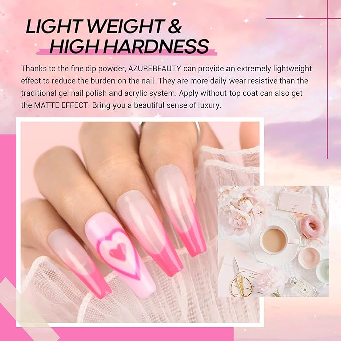 AZUREBEAUTY Pink Dip Powder Nail Set, 6 Colors Light Hot Pink Cherry Blossom Shades Dipping Powder Starter Kit, French Nail Art Manicure, No Need Nail Lamp Cured DIY Salon