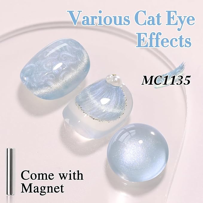 Double Rhythm 15ML Ice Glass Cat Eye Gel Polish with Magnet Holographic Glitter Shimmer Translucent Sheer Color Salon Soak Off Magnetic Nail at Home (Mermaid Blue-MC1135)