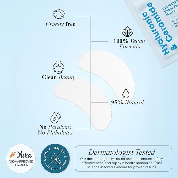 Radiant Aura Hyaluronic Acid & Ceramide Under Eye Patches - Dermatologist Tested, Anti Aging, Korean Skin Care - Anti Wrinkle Pads For Puffy Eyes And Under Eye Bags - Vegan, Clean Beauty - 15 Pairs