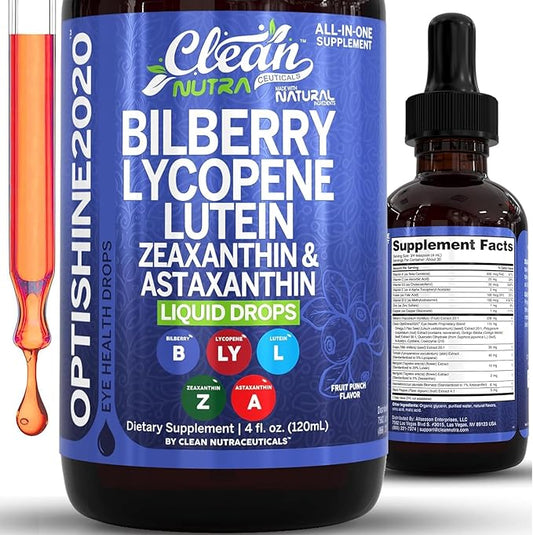 Clean Nutra Lutein and Zeaxanthin Eye Vitamins Supplement Lycopene Astaxanthin Bilberry Liquid Drops | Organic Astaxanthin Daily Lutein for Eyes Health Support Vitamin Minerals Extract | 60 Servings