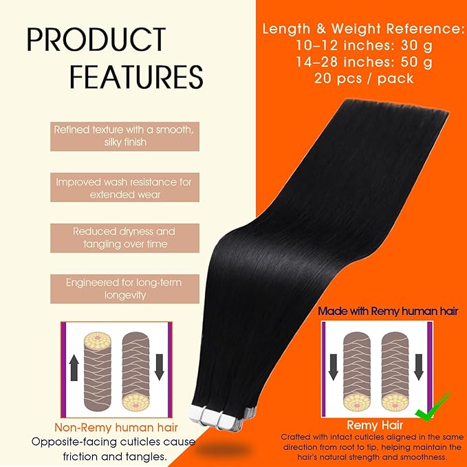 Full Shine Human Hair Tape in Hair Extensions 20 Inch Human Hair Extensions Tape in Remy Real Hair 50 Gram Color 1 Jet Black Seamless Extensions, 20 Pcs Silky Straight Brazilian Hair Natural