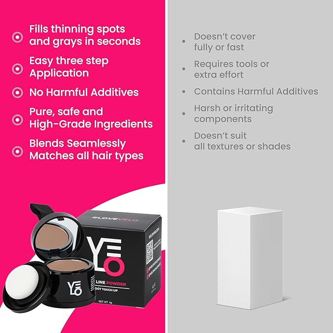 VELO Hairline Powder–BROWN Hair Root Touch Up Powder for Women & Men–Instantly Covers Gray Hair, Thinning Hair & Bald Spots–Sweatproof Root Cover Up–Puff & Mirror Compact, 13 Shades