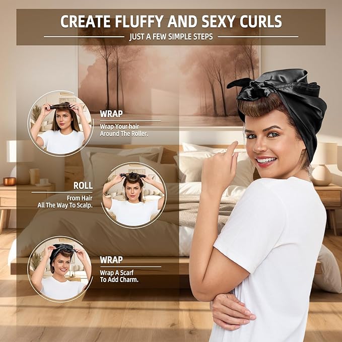 Overnight Heatless Hair Curler Jumbo Set, Overnight Rods for No Heat Curls - Velvet Satin Flexi Rods Sleep in Curlers Blowout, Hair Styling Accessories with Silk Scarf 4pcs Black