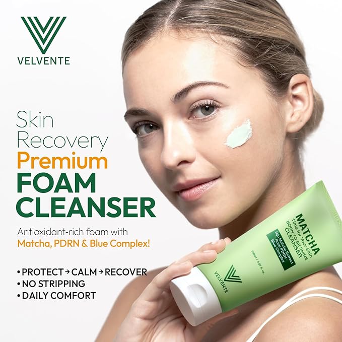 VELVENTE Matcha PDRN Gentle Foam Cleanser for Redness Relief & Acne-Prone Skin | Korean Green Tea Low-pH Face Wash | Pore Refining, Brightening, Soothing Daily Cleanser | Sensitive Skin Friendly