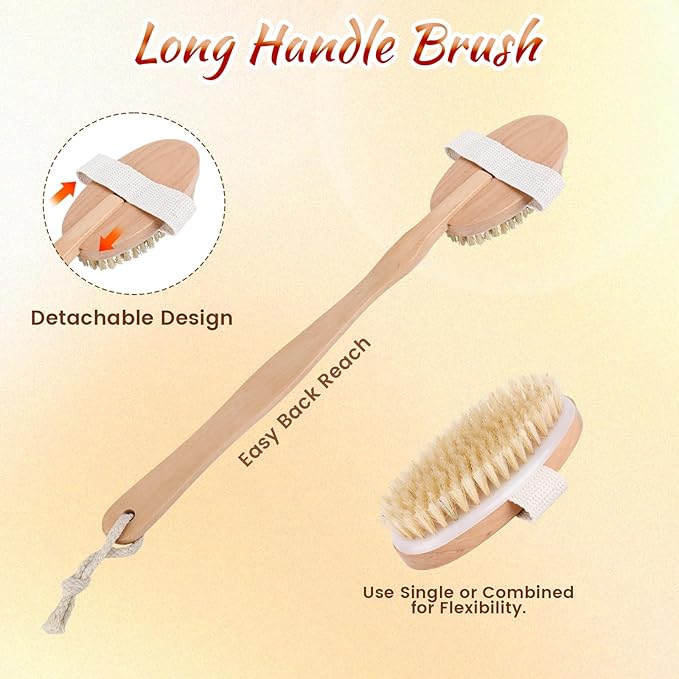 Dry Brush Set-4 Packs Natural Boar Bristle Dry Brushing Body Brush Exfoliating Face, Foot, Bath Brush for Face and Body for Cellulite Lymphatic Drainage(Set B)