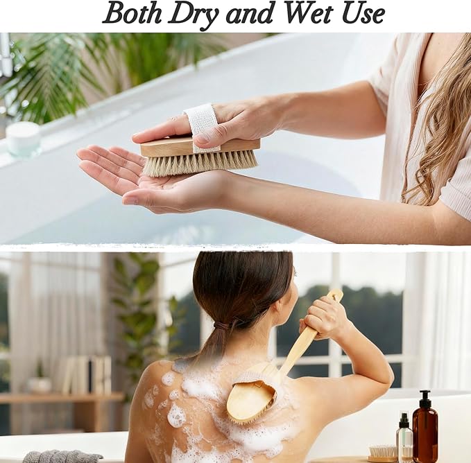 9 Packs Dry Brushing Body Brush Set for Lymphatic Drainage, Cellulite Massager and Scalp Care, Long Handle Dry Brush for Body, Natural Boar Bristle Body Brush Exfoliator