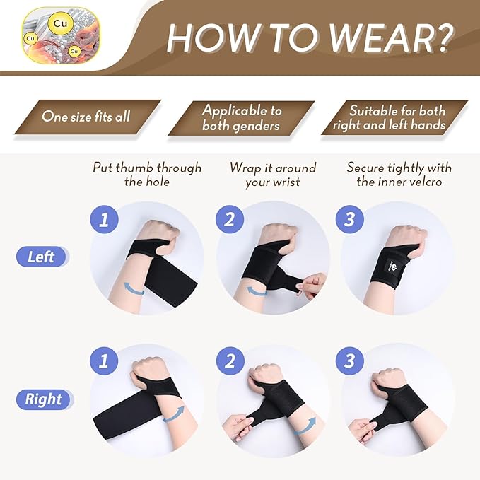 INDEEMAX 2 Pack Copper Wrist Brace Support for Carpal Tunnel, Pain Relief, Arthritis, Tendonitis, Adjustable Wrist Braces Compression Wraps Both Hands, Fit for Men and Women, Black