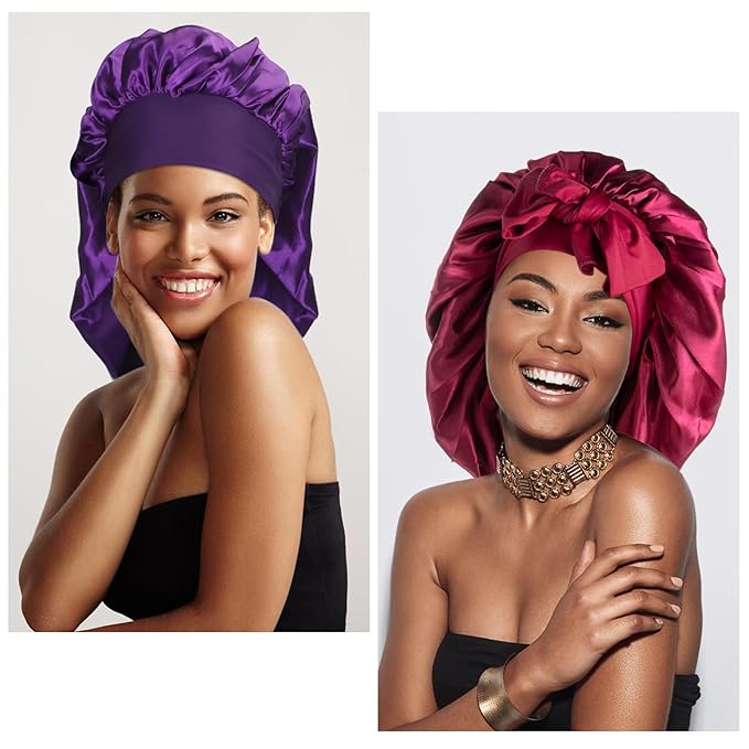 Arqumi Pack of 2 Satin Sleeping Bonnet, Large Sleep Cap with Long Strap, Reduce-Friction Prevent-Frizz Curly Hair, Adjustable Hair Bonnet for Women & Men, Purple+Red