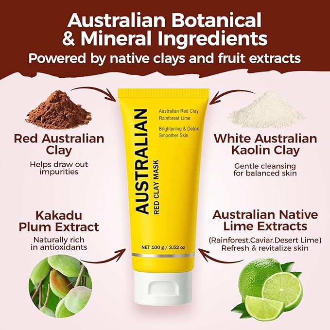 Australian Red Clay Face Mask, Mineral-Rich Detox Mud Mask with Kakadu Plum & Desert and Rainforest Lime Extracts, Gentle Exfoliation, For All Skin Types, 3.52 oz / 100 mL (1 pack)