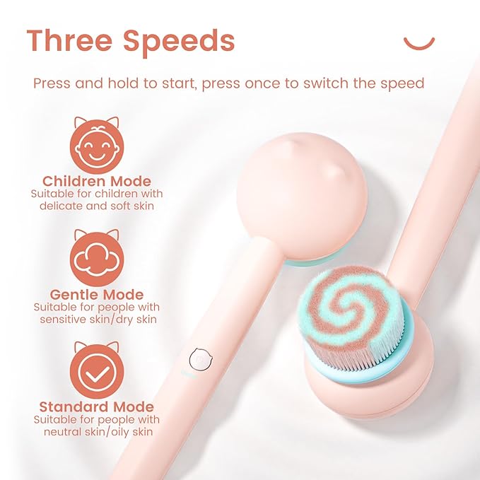 Electric Back Scrubber for Shower Body Brush, Waterproof Shower Body Scrubber for Cleansing, Massaging, Rechargeable Spinning Bath Brush for Kids & Adults with 2 Heads & 3 Speed Modes, Pink