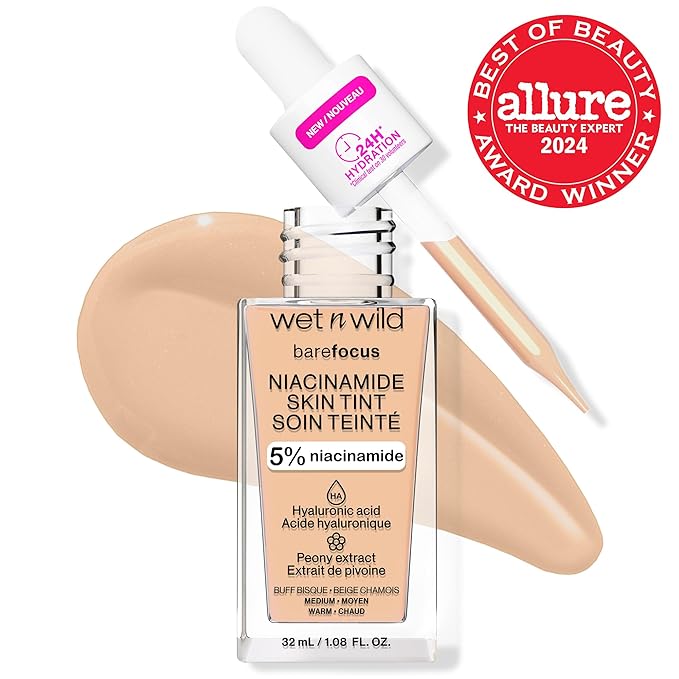 wet n wild Bare Focus Skin Tint, 5% Niacinamide Enriched, Buildable Sheer Lightweight Coverage, Natural Radiant Finish, Hyaluronic & Vitamin Hydration Boost, Cruelty-Free & Vegan - Buff Bisque