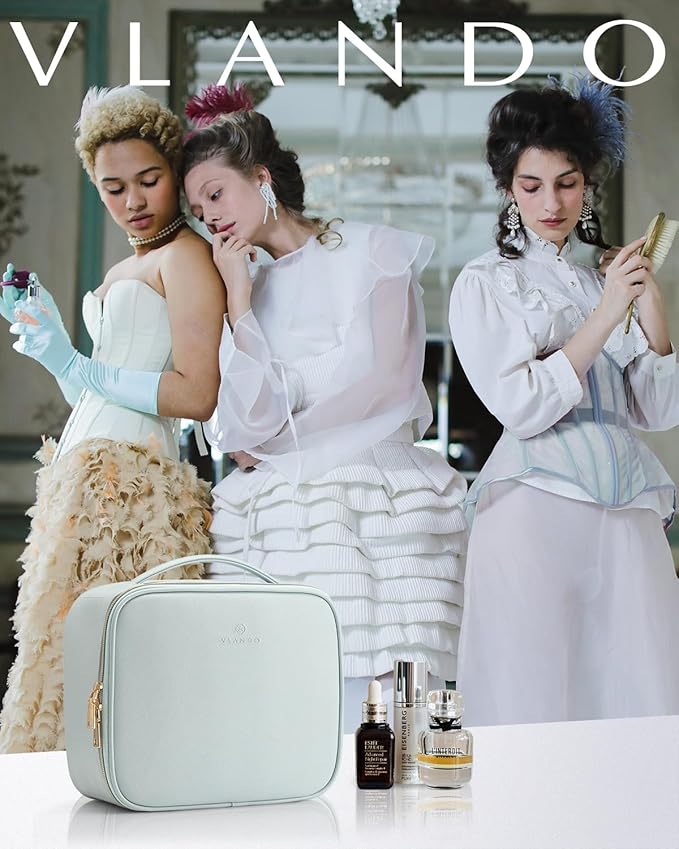 Vlando Makeup Bag, Travel Makeup Bags,Large Portable Make Up Bag Organzier with Dividers and Handle Gifts for Women Girls,Traveler,Christmas,Wedding Blue