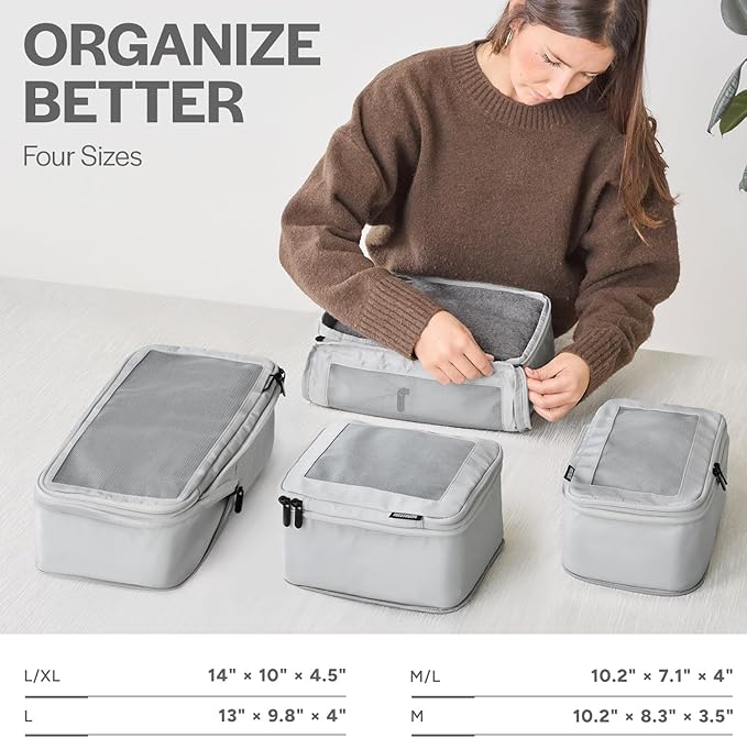 Aerotrunk Compression Packing Cubes for Travel - Luggage Organizer Bags - Double Zipper Packing Cubes for Suitcases (4-Pack, Light Grey)