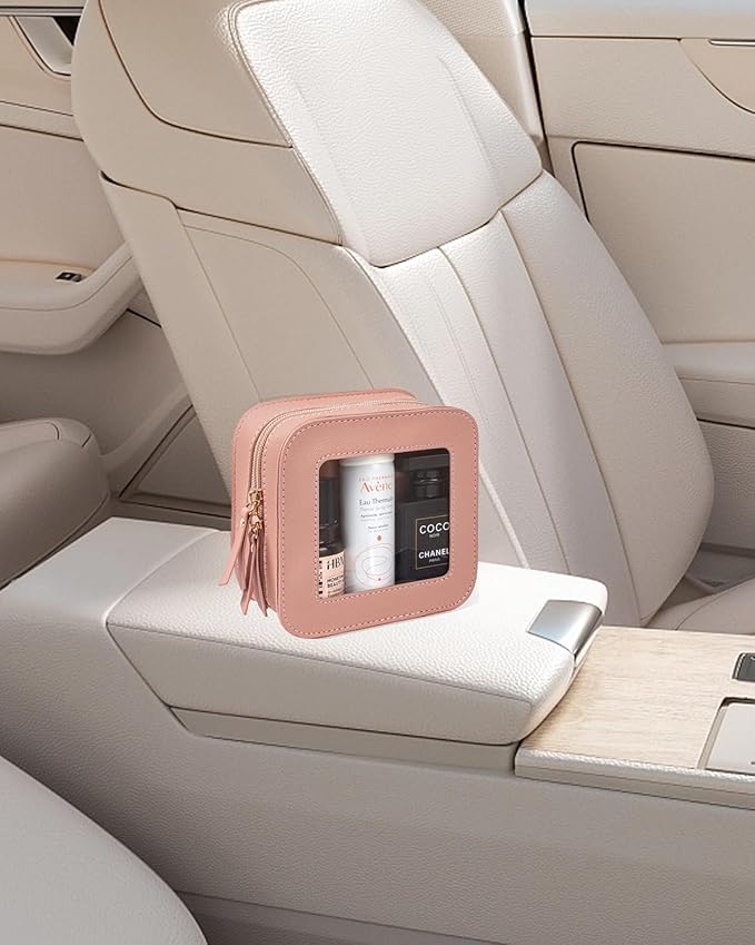 Mini Clear Makeup Bag Travel Cosmetic Case Transparent Toiletry Bag with Zipper, Portable Make Up Organizer Traveling Compact Pink Car Essentials for Girls(Pink, Mini)